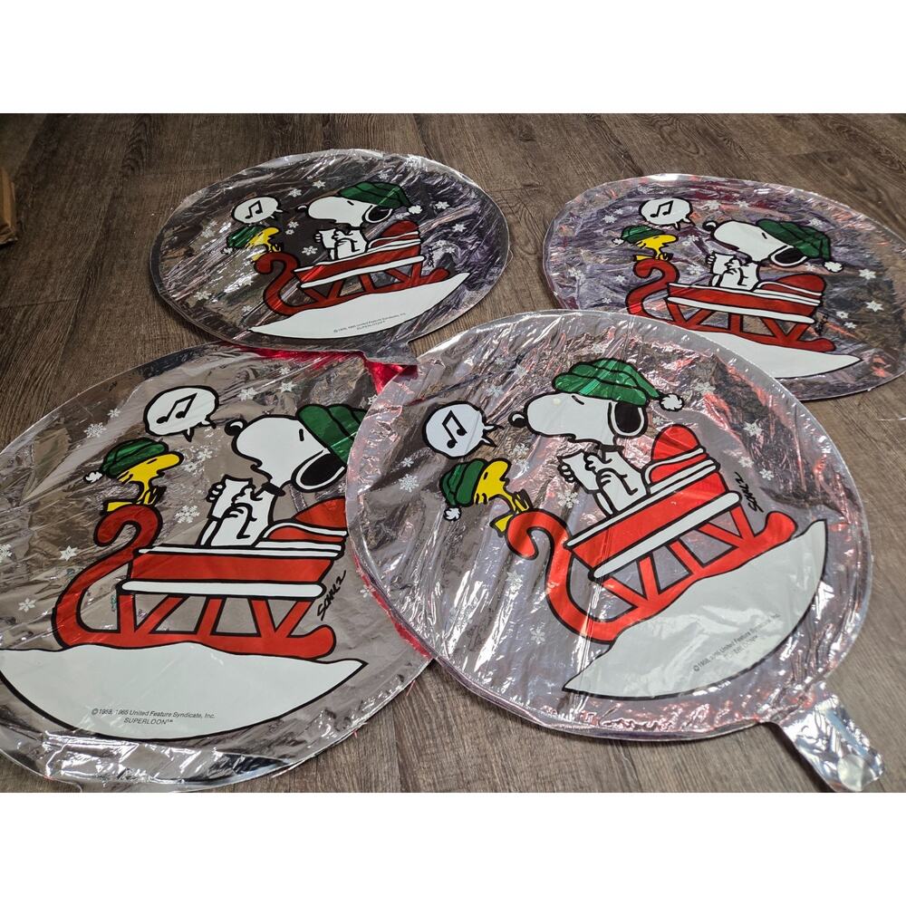 Christmas Holiday Snoopy On Sled Vintage Mylar Balloons From 1980s Lot of 4